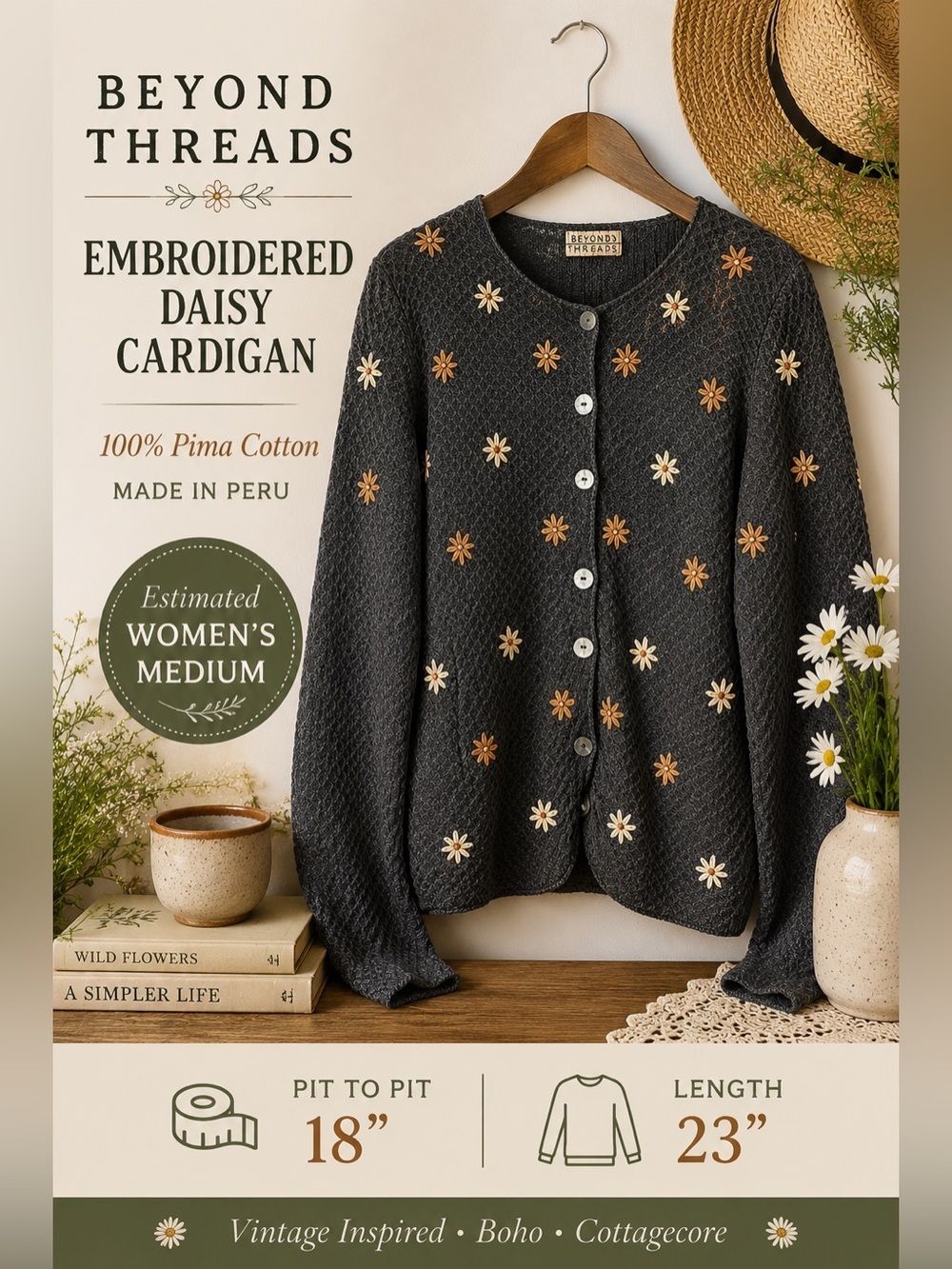 Beyond Threads Embroidered Daisy Cardigan Sweater Gray Cotton Women’s Medium